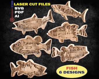 Archivo SVG de peces, paquete, archivo digital, archivos para corte láser, Glowforge, 6 diseños - MULTICAPAS
