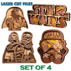 Puede incluir: Conjunto de 4 piezas de arte mural de madera cortadas con láser con temática de Star Wars. Cada pieza presenta un diseño diferente, incluyendo Darth Vader, Stormtroopers y personajes icónicos. El texto "LASER CUT FILES" y "SET OF 4" es visible.
