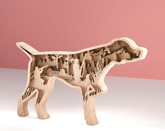 Archivo de corte por capas de perro de bosque, tema de perro en capas, madera 3D Labrador salvaje cortado con láser, perro en capas, perro de caza - 8 capas