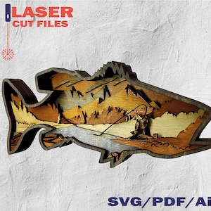 BASS SVG, 3D Wood Fish Art, Layered Scene Fishermen - Digital File - 6 Layer Artwork for Glowforge