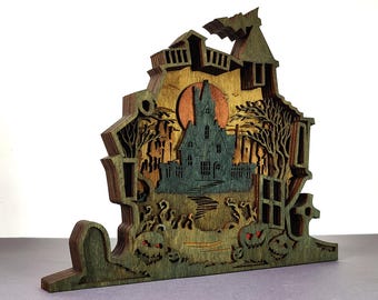 3D Halloween Haunted House, Laser Cut Wood, Shelf Sitter (SVG, PDF)