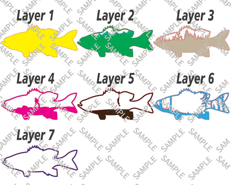 7-lagers abborre, abborre SVG Glowforge, marulk SVG, lagers fiskelandskap, laserklar skärfil bild 4