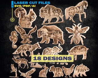 May include: A collection of 18 laser-cut wooden designs featuring various animals and landscapes. The designs include a squirrel, bison, horse, eagle, bear, bee, fox, elephant, pig, deer, owl, rabbit, bear, chicken, and more. The text "LASER CUT FILES SVG/PDF/Ai" is visible.