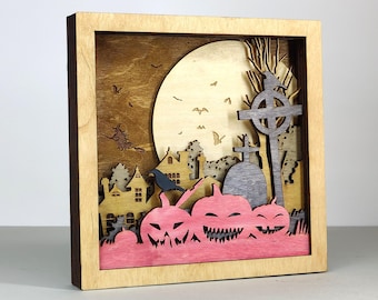 Halloween Scene, Pumpkin Multilayer SVG, 3D Plywood Cut (Digital Download)