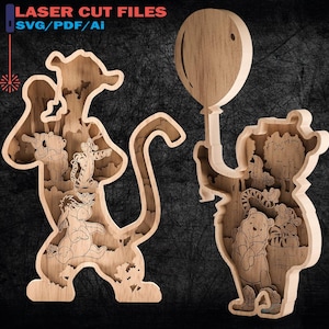 Könnte beinhalten: Lasergeschnittene Holzfiguren von Winnie-the-Pooh-Charakteren. Eine Figur ist Tigger, die andere ist Winnie the Pooh mit einem Ballon. Die Figuren sind mit detaillierten Ausschnitten der Charaktere und Szenen versehen. Der Text "LASER CUT FILES SVG/PDF/AI" steht oben.