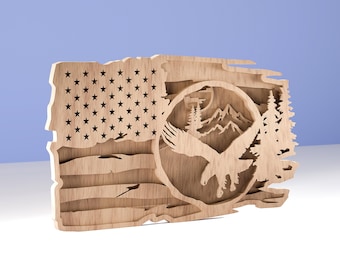 United States Outline with Wavy Flag and Eagle, SVG, Glowforge, Laser Cut File - 4 layers