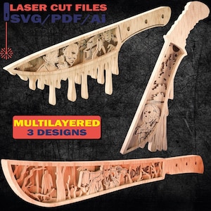 May include: Three wooden laser-cut designs of knives. The knives feature intricate layered designs with horror movie characters and scenes. The text "LASER CUT FILES SVG/PDF/AI" and "MULTILAYERED 3 DESIGNS" are also visible.