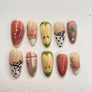 Spring Apple Inspired Press On Nails - Pink Gingham Fruit Flower Nails