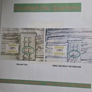 May include: A printed sheet with the text "Pocket Change Treasure Hunt" and "Doubled Die Quarters." It compares a normal coin to a KENC 25p 2015 P NE DDR-034 coin. The sheet also lists other coin varieties.
