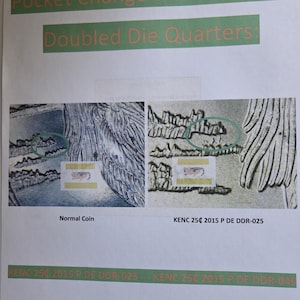 May include: A printed sheet titled "Pocket Change Treasure Hunt" with the subtitle "Doubled Die Quarters." It features images of coins, labeled "Normal Coin" and "KENC 25p 2015 P DE DDR-025." Additional text includes "KENC 25p 2015 P DE DDR-025" and copyright information.