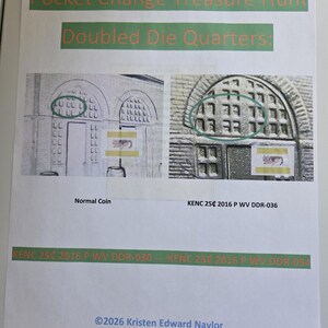 May include: A printed sheet with the text "Pocket Change Treasure Hunt" and "Doubled Die Quarters." It features images of quarters with circled areas highlighting differences. Text includes "Normal Coin" and "KENC 25p 2016 P WV DDR-036."
