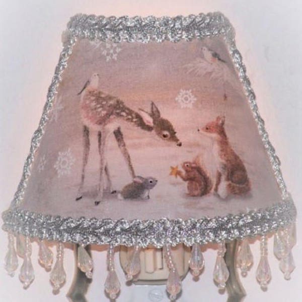 Woodland Deer Bunny Squirrel and Fox Winter NIGHT LIGHT Snow Forest Animals Collection Shade Lighting with Icicle Clear Beaded Fringe
