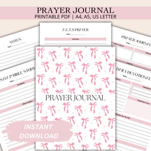 Coquette Bow Prayer Journal Digital Daily Bible Study Printable Planner Pink Bow Prayer Reflection Notebook Christian Scripture Devotional