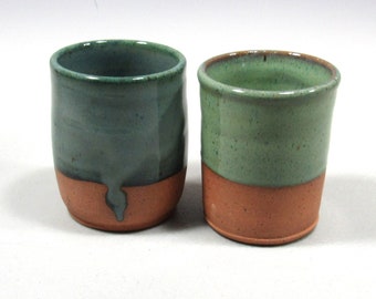 Set of 2 blue green tumblers, whiskey shot glasses