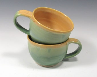 Set of 2 cappuccino cups in yellow and green glaze - coffee cups set - coffee or tea mugs - gift for coffee lover