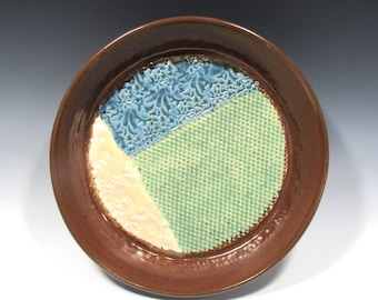 Ceramic Platter, Large centerpiece platter with multicolor quilt pattern