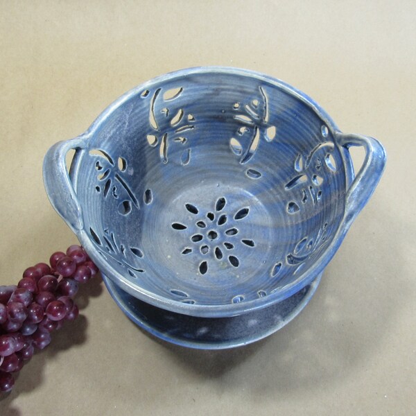 Berry Bowl Colander with saucer Hand Carved Stoneware Pottery Food Prep Cooking Kitchen Dining Entertaining