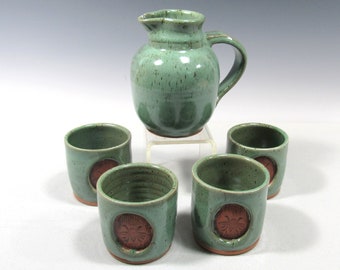 Green pottery barware set includes decanter jug and 4 cups for sake or whisky