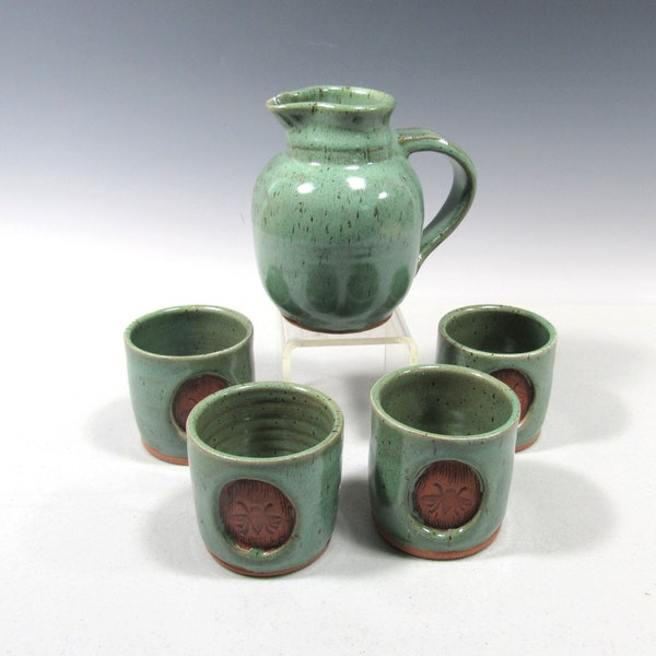 Green pottery barware set includes decanter jug and 4 cups for sake or whisky