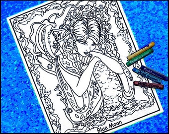 Adult Printable Coloring page, Papercraft, Digital Image, Mermaid for Scrapbooking, Mixed Media, Digital Stamp, by Joanne Schempp pp009
