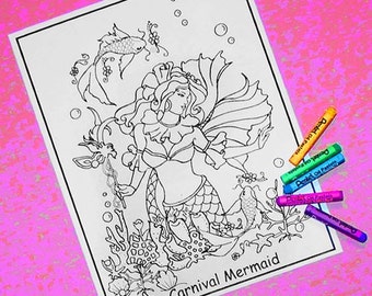 Adult Printable Coloring page, Papercraft, Digital Image, Mermaid for Scrapbooking, Mixed Media, Digital Stamp, by Joanne Schempp pp010