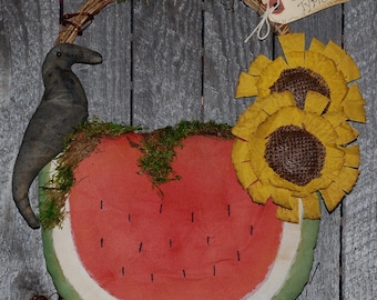 Primitive Watermelon Sunflower Crow Wall Hanging PATTERN; Folk Art Summer Door Greeter (Digital Download)