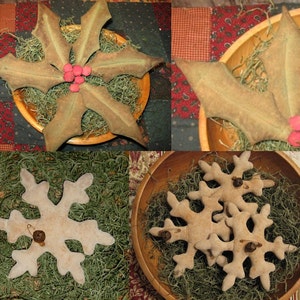 Primitive Digital Pattern EPATTERN Folk Art Primitive Snowflake and Holly Leaves Bowl Fillers Ornies Tucks Ornament image 1