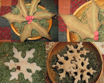 Primitive Digital Pattern EPATTERN Folk Art Primitive Snowflake and Holly Leaves Bowl Fillers Ornies Tucks Ornament