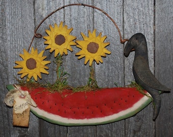 Primitive Digital Pattern EPATTERN Folk Art Primitive Blooming Watermelon Door Greeter Sunflower Crow Wall Hanging Ornie Ornament