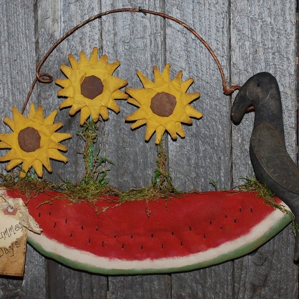 Primitive Digital Pattern EPATTERN Folk Art Primitive Blooming Watermelon Door Greeter Sunflower Crow Wall Hanging Ornie Ornament