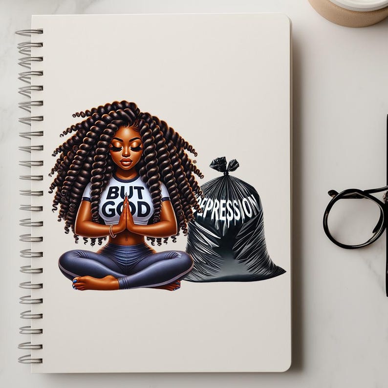 May include: A woman with dark brown curly hair is sitting in a yoga pose. She is wearing a white t-shirt with the words "But God" printed on it and blue yoga pants. She is holding her hands in a prayer position. Behind her is a black trash bag with the word "Depression" printed on it.