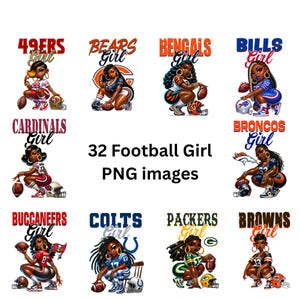 Pu&ograve; includere: Una collezione di 32 immagini PNG con illustrazioni di ragazze di football che rappresentano varie squadre della NFL. Ogni immagine mostra una figura femminile stilizzata nei colori della squadra, che tiene un pallone da football e indossa un casco. I nomi delle squadre sono visualizzati sopra le figure.