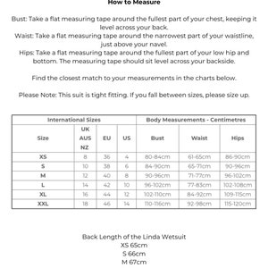 Size guide for the reversible 2mm recycled neoprene springsuit women's shorty wetsuit for surfing & swimming