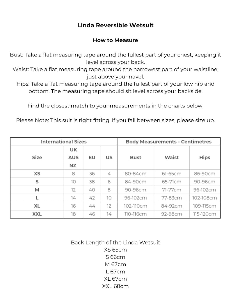 Size guide for the reversible 2mm recycled neoprene springsuit women's shorty wetsuit for surfing & swimming