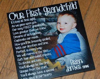 Our First Grandchild- Personalized PHOTO Giclee MOUNTED prints- custom made to order with your saying and photo- 13" x 13"