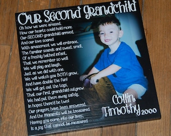 Our Second Grandchild- Personalized PHOTO Giclee MOUNTED prints- custom made to order with your saying and photo- 13" x 13"