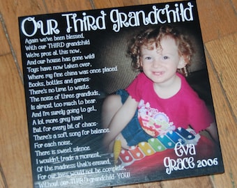 Our Third Grandchild- Personalized PHOTO Giclee MOUNTED prints- custom made to order with your saying and photo- 13" x 13"