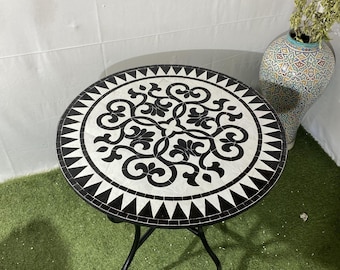 Moroccan Mosaic Tile Table, Black & White Zellige Side Table, Handmade Outdoor Patio Accent Table, Round Garden Table