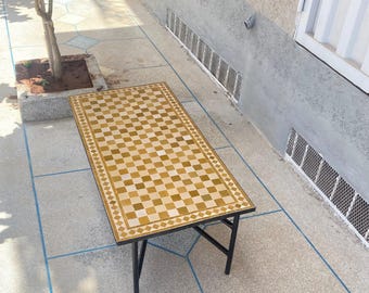 Handmade Moroccan Mosaic Tile Coffee Table –Checkered Zellige Design – Outdoor/Indoor Iron Base Table