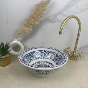 BARASHA Blue Artisan Crafted Ceramic Bathroom Sink - Vibrant Floral Patern On Modern Washbasin