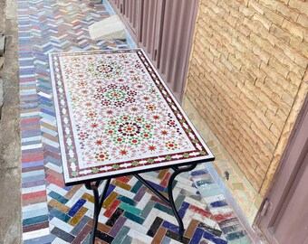 Handmade Moroccan Mosaic Table: Rectangular Zellige Tile Garden Decor