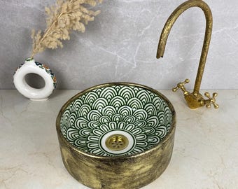 Handcrafted Moroccan Ceramic Sink – Green and Gold Washbasin with Brass Rim