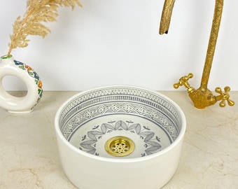 Round Moroccan Ceramic Sink with Intricate Gray Pattern
