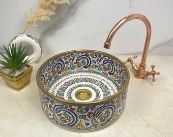 Colorful Bathroom Vessel Sink Brushed Solid Brass Rimmed - Handcrafted Ceramic Sink - Artisan Ceramic Basin