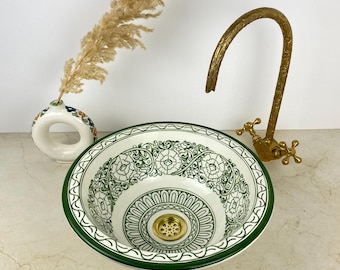 Hand-Painted Ceramic Sink with Green Floral Motif and Gold Drain – Elegant Bathroom Vessel Basin