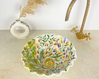 Handgeschilderde keramische wastafel, wastafel met bloemen badkamer, Marokkaanse wastafel, wastafel met geschulpte rand, ambachtelijke wastafel