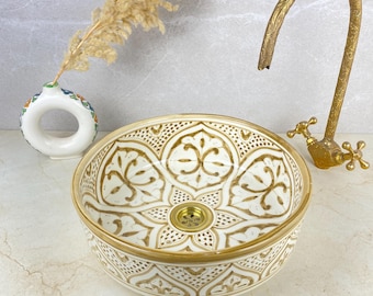 Beige Moroccan Ceramic Vessel Sink, Handmade Bathroom Sink, Round Vanity Basin, Hand Painted Countertop Wash Basin, Artisan Sink