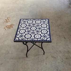 Handmade Moroccan Mosaic Table: Blue Geometric Tile, Patio or Indoor