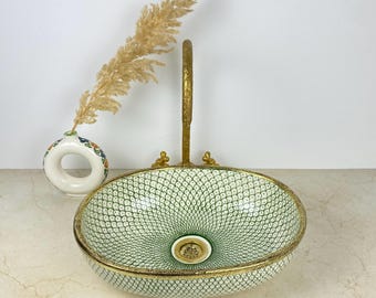 Hand-Painted Moroccan Ceramic Sink: Oval Gold Rim, Green  Basin