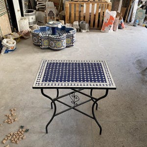 Handmade Moroccan Mosaic Table: Blue & White Zellige Tile, Wrought Iron Base